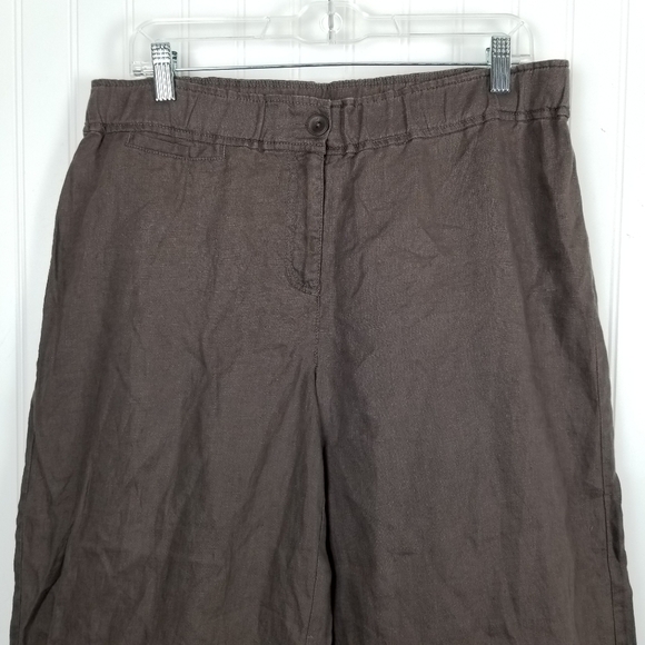 Eileen Fisher Organic Linen Wide Leg Pants Cropped Stretch Waist Brown Medium - Picture 4 of 9